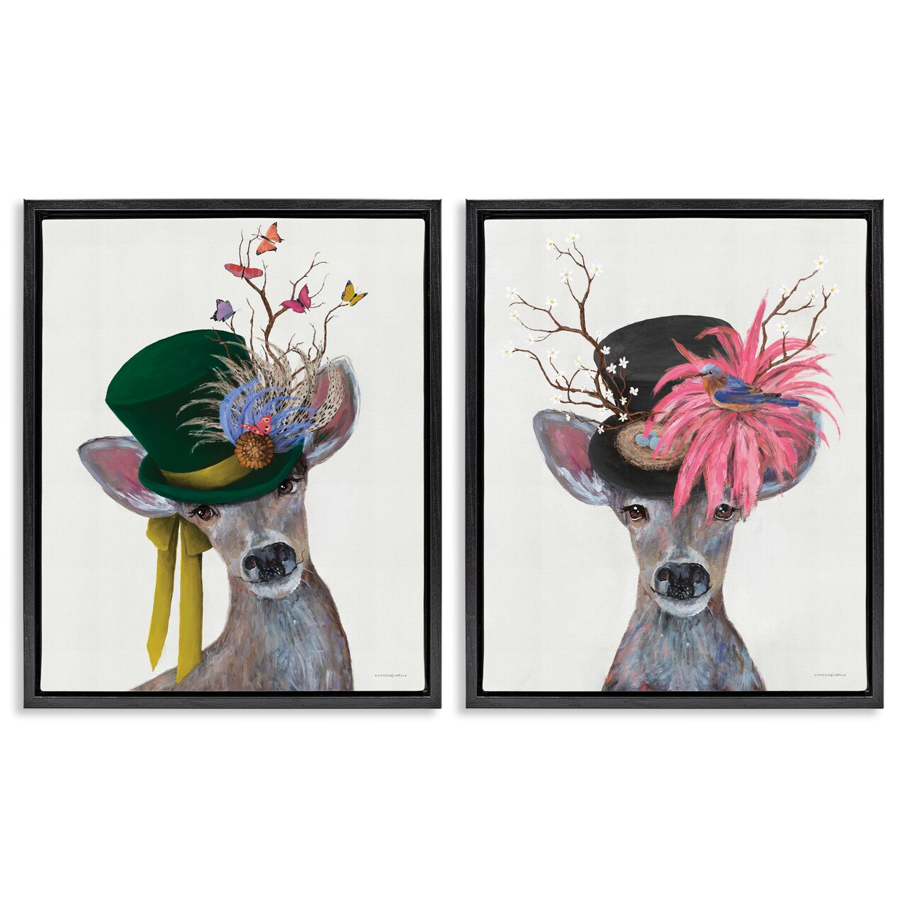 Stupell Industries Dapper Deer Floral Top Hat 2 pc Framed Floater Canvas Wall Art Set Design by Kamdon Kreations